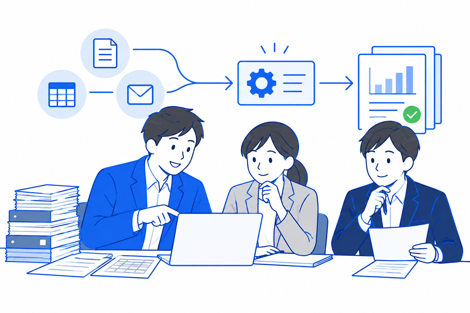 業務資料と改善結果を見ながら、導入効果と費用を相談する三人