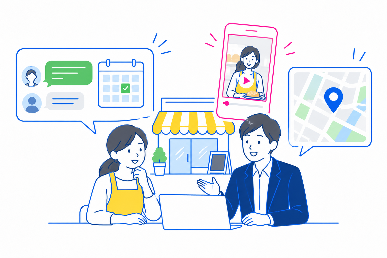 店舗オーナーと担当者が、LINE・動画・地図から店舗集客へのつながりを相談するイラスト