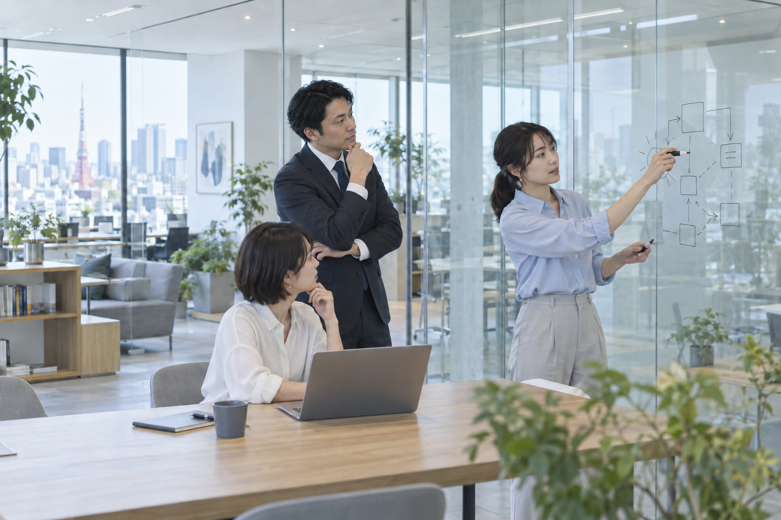 男女がガラスボードで打ち合わせる様子